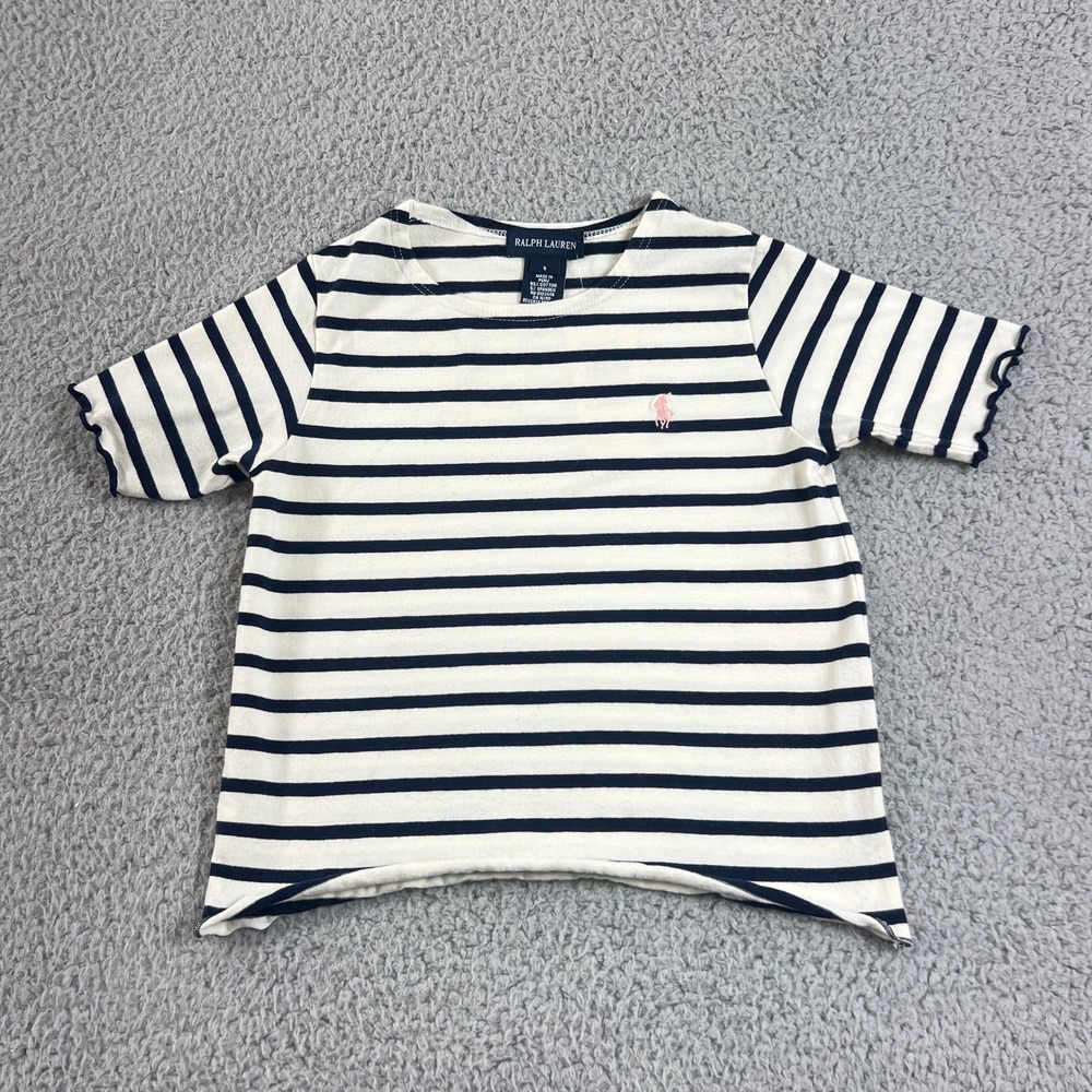 Ralph Lauren T-Shirt Girls 5 White Navy‎ Striped Short Sleeve Lettuce Trim Pony